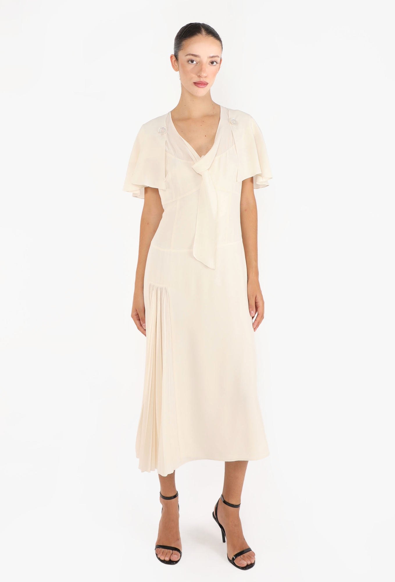 prada beige dress Pleated Crêpe Lavallière Dress, 2024 - Prada taupe