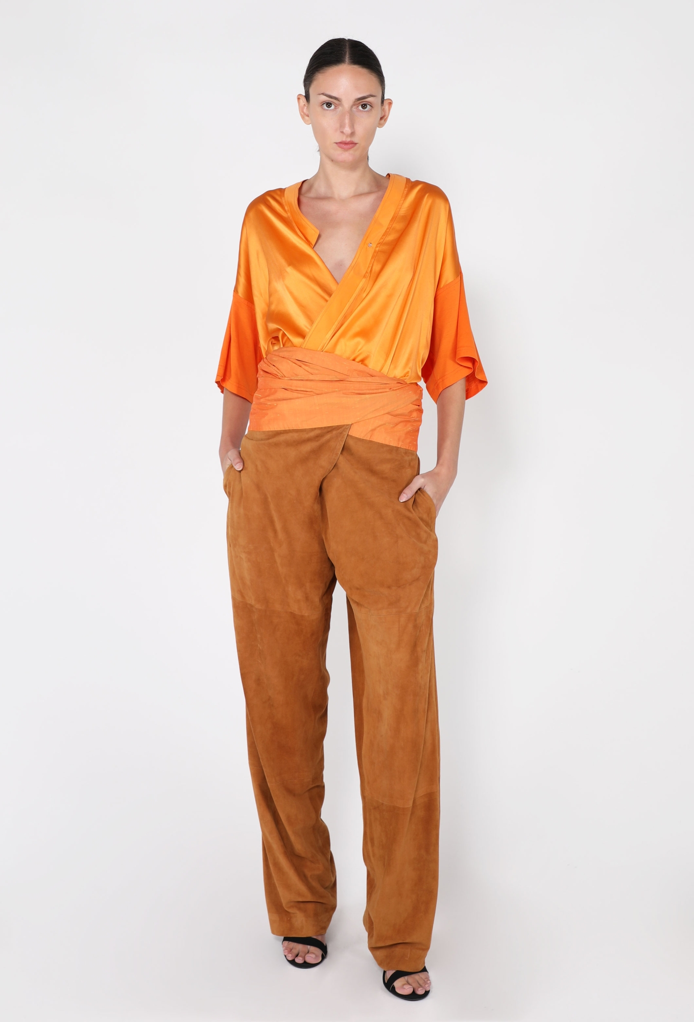 Gianfranco Ferré Silk Wrap Top & Suede Trouser Ensemble, 1980s