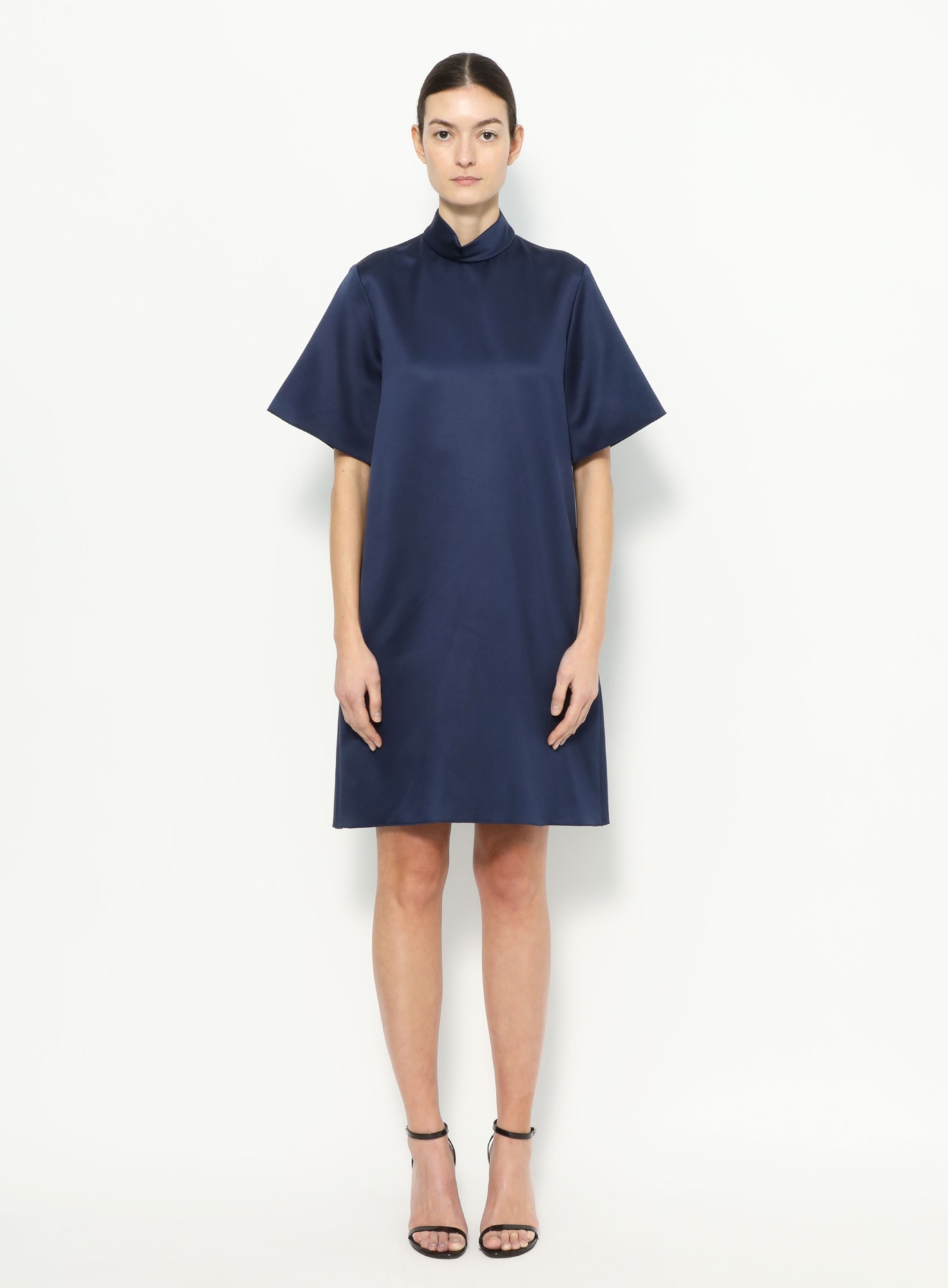 blue silk shift dress Navy Silk Shift Dress with Elevated Collar – 2013