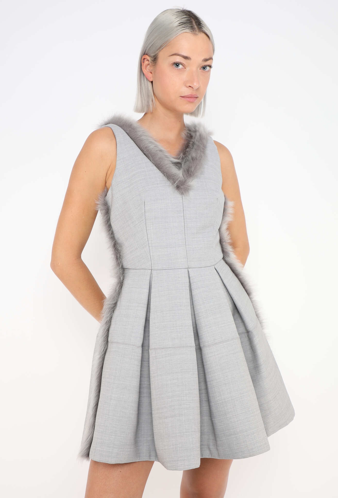 grey furry dress Miss Circle Women Daisy Grey Drop Waist Fur Trim Halter Mini Dress
