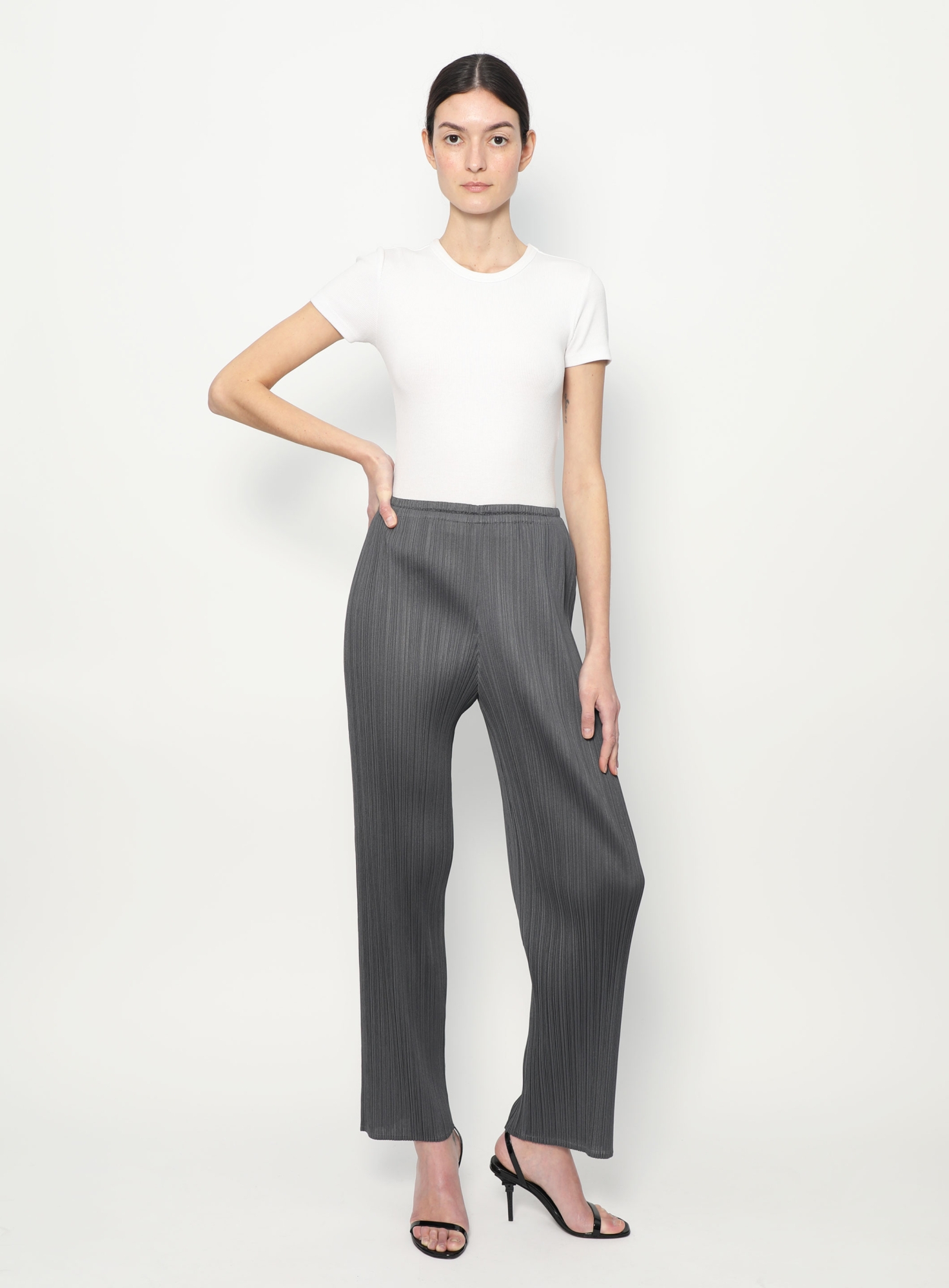 PLEATS PLEASE パンツ グレー サイズ1 プリーツプリーズPLEATS PLEASE プリーツファブリックプリントパンツ