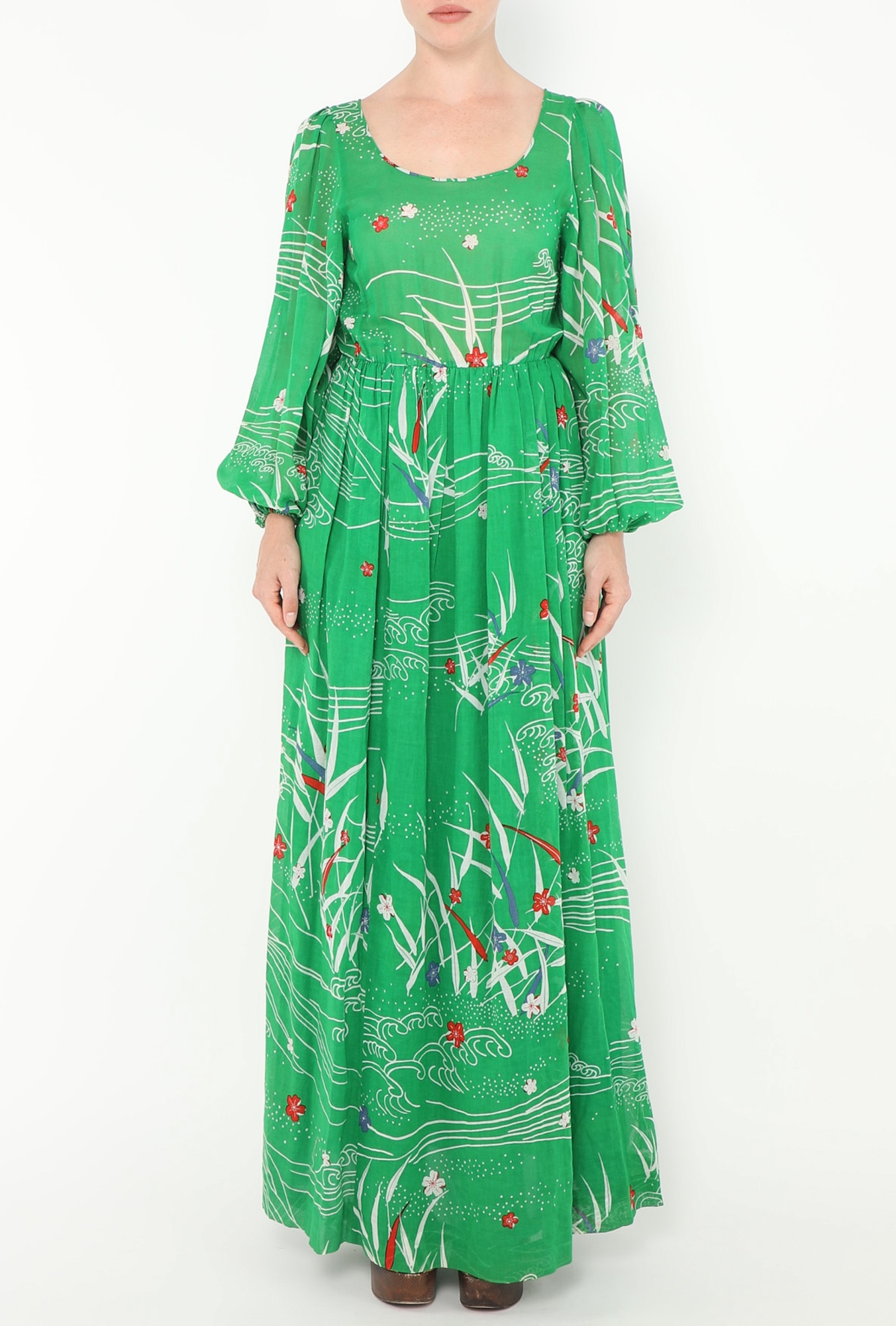 Exquisite Vintage Hanae Mori '80s Cotton Maxi Dress Green