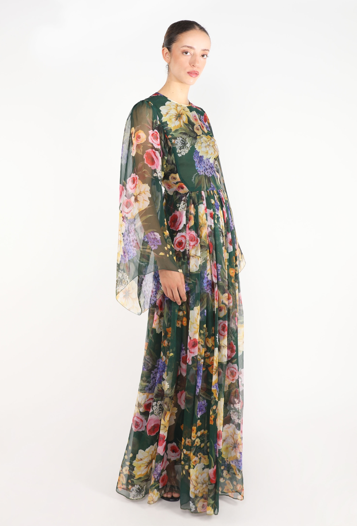 dolce and gabbana silk chiffon dress Dolce & Gabbana Floral Tiered Silk Chiffon Cape Gown