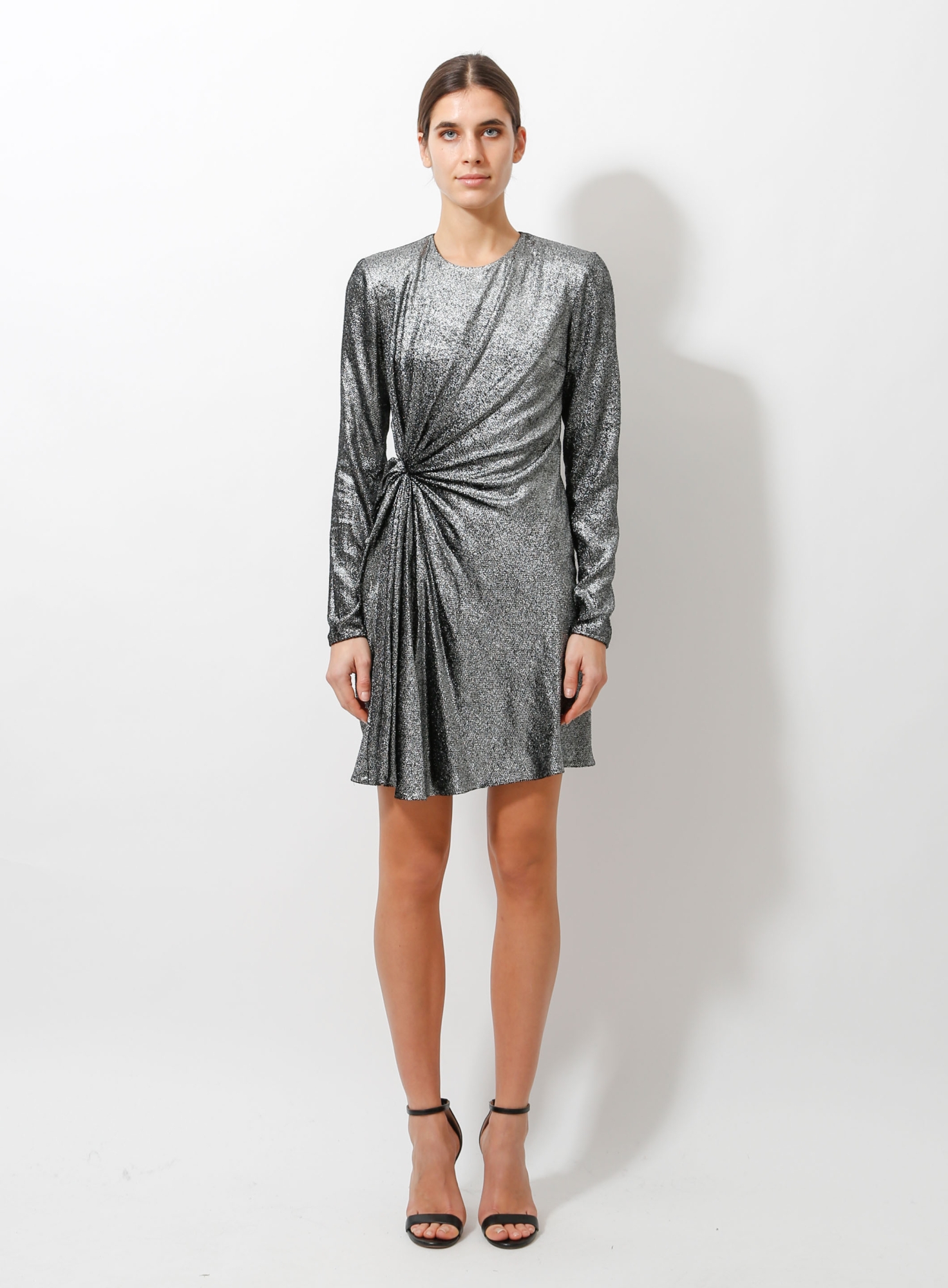 ysl silver dress 2018 Silver Lamè Draped Dress