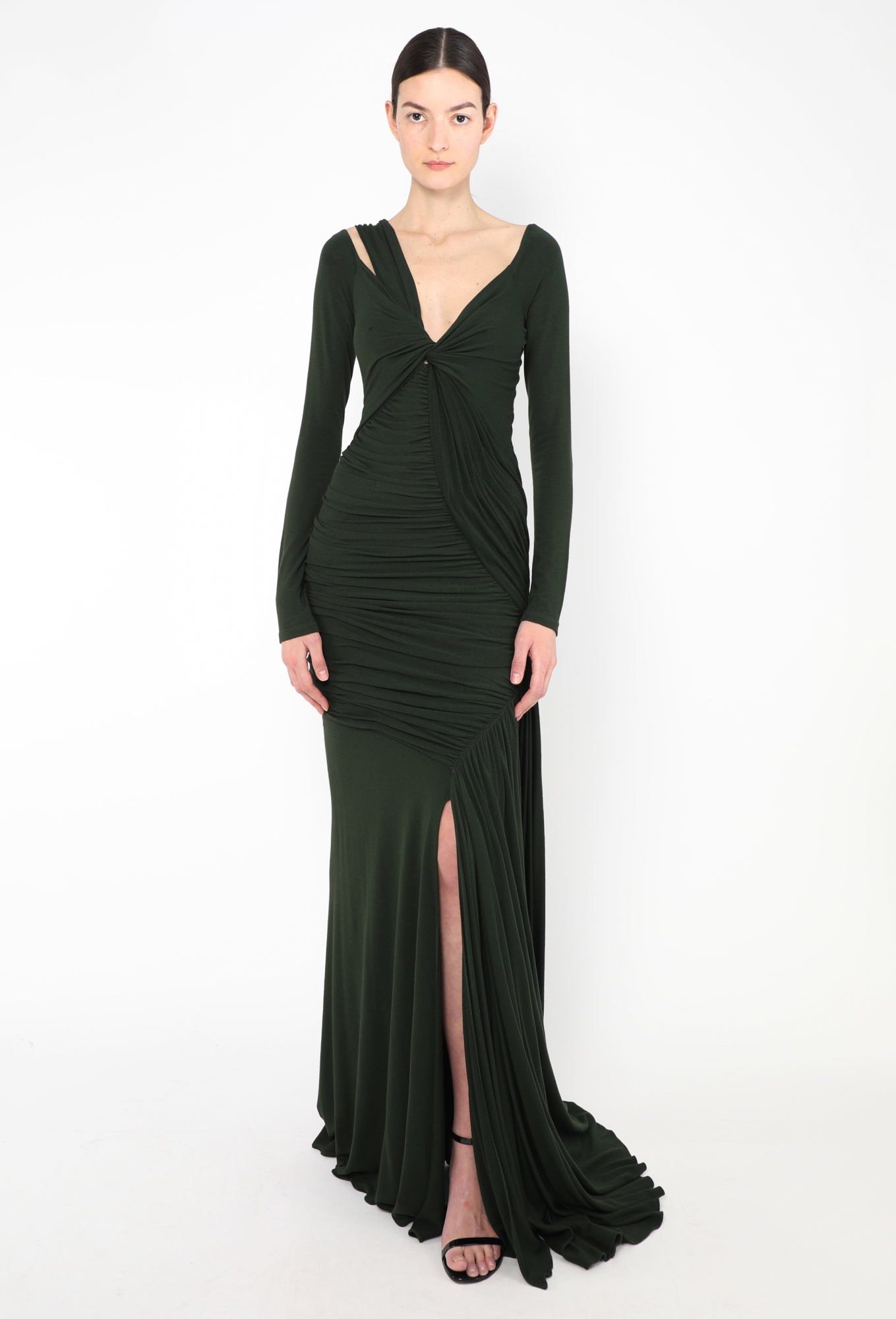 green emerald velvet dress Donna Karan Women's Satin Sleeveless Asymmetric Gown in Nightfall main image 0
